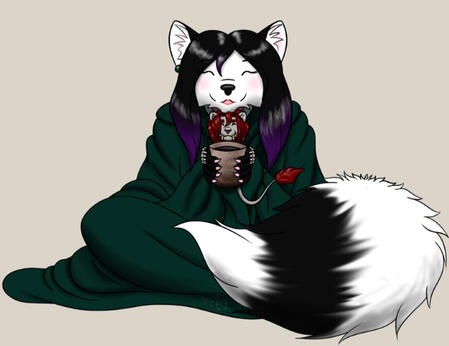 Lass- A white vixen wrapped in a green blanket smiles as she holds a cup of coffee and a small grey male lion in her arms.