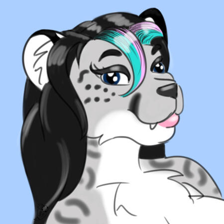 Sashi- The bust of a snow leopard with black hair and teal and pink highlights in her bangs.